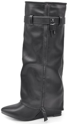IF FASHION Stivali Alti A Punta Gambale A Ghetta Con Zeppa Zip Cerniera Luchetto Da Donna G690 Nero N.40