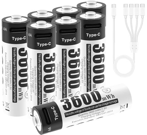 Lot de 8 Piles Rechargeables AA 1,5 V Lithium-ION, Haute Performance, Charge Rapide, Longue durée, 3600 mWh, avec câble de Charge 4 en 1 de Type C et étui de Rangement