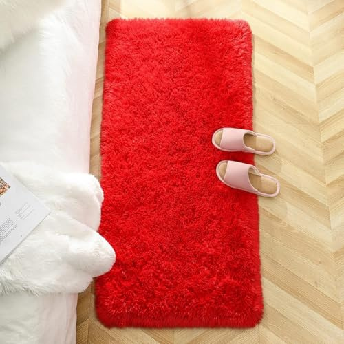 XUEDNGM Hochflor Teppich Wohnzimmer 55 x 110 cm Anti-Rutsch, Flauschig, Weich, Waschbar, Langflor Hochflor Teppich Teppich Wohnzimmer Flächenteppich für Wohnzimmer, Schlafzimmer, Rot
