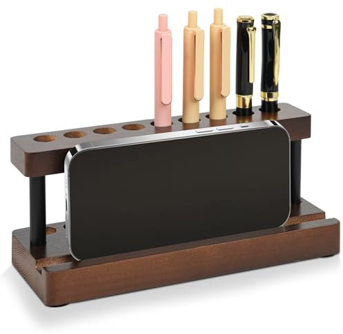 Wooden Pen Holder for Desk, Pencil Holder Wood Fountain Pens Display Stand with 9 Slots and Cell Phone Holder, Pen Organizer for Office, Home