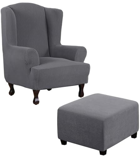 Stretch Cover Wing Chair Slipcover Armchair Footstool Furniture Protector (Grey XXL)