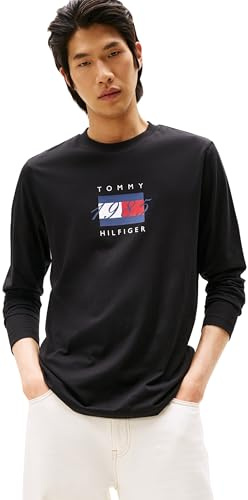 Tommy Hilfiger Uomo Maglietta Maniche Lunghe Linear Flag Graphic Regular Fit, Nero (Black), S