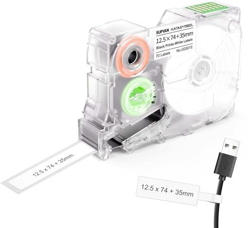 SUPVAN G15M Series Cable Thermal Transfer Labels, 12.5 mm x 74 mm +35 mm, 70 Labels/Roll, Waterproof, High Temperature Resistant & Non-Fading Labels for Outdoors & Indoor, Black on White