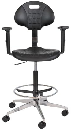Topsit IND010102+AL Arbeitsstuhl aus Polyurethan, Bürohocker mit Armlehnen, höhenverstellbar und mit Verstellbarer Rückenlehne, robuste Aluminium-Basis, verstellbare Fußstütze, 65 mm Rollen