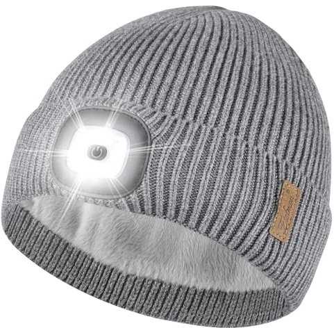 Etsfmoa Mütze mit LED Licht,Hut mit warmem Futter,Wiederaufladbare USB Strickmütze mit Licht,Geschenke für Männer und Frauen (DE/NL/SE/PL, Alphanumerisch, Einheitsgröße, Grau)