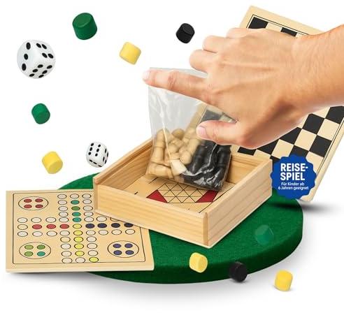 Reisespiel Set 'Collection' - Brettspiel-Sammlung aus Holz mit Schachfiguren, Spielsteinen & Würfeln für Familie & Kinder ab 6 Jahre - ideal für Urlaub, Auto, Strand & zu Hause, Farbe:natur