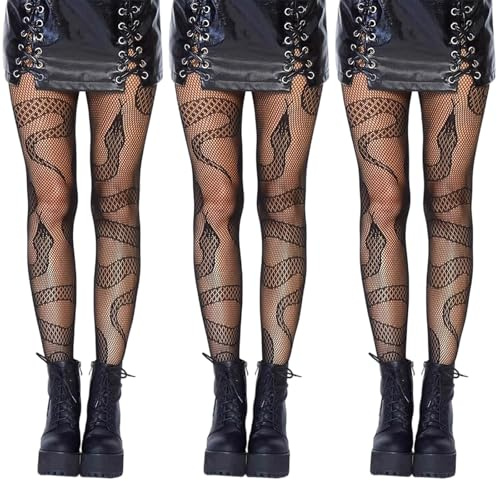 NieYat 3 Paar Netzstrumpfhose Schwarz, Schlangen Strumpfhose für Damen, Sexy Gothic Fishnet Tights One size Hohe Strümpfe Festival Outfit Damen für Halloween Party, Cosplay und Clubnights