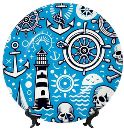 Vortithora Piatto decorativo bianco marittimo-nautico da 25,4 cm con supporto, elegante piastra da parete per decorazione domestica