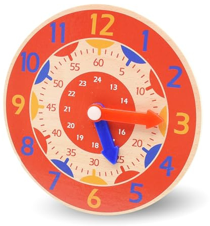 Kikuo 14CM Wooden Learning Clock, Colorful Teaching Clock with Hour and Minute Hands Education Toy, Learn to Tell the Time Clock for Home, Playroom, and Classroom (Red)