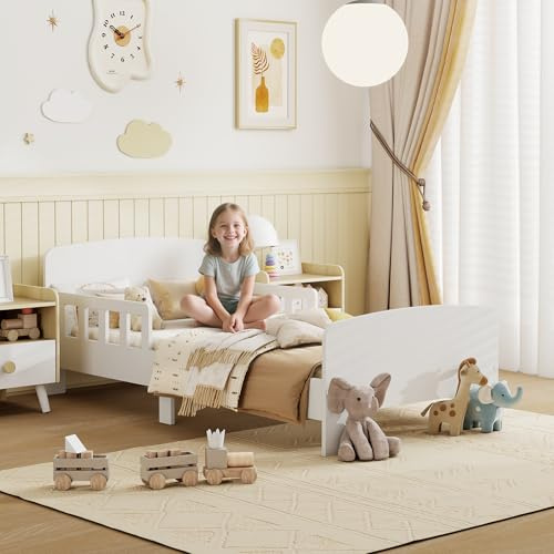 AIYAPLAY Toddler Bed, Kids Bed Frame with Safety Side Rails for Girls and Boys, Kids Bedroom Furniture for Ages 3-8 Years, White