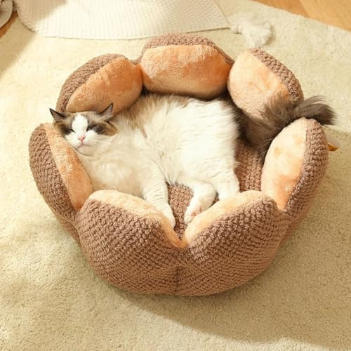 Kattbäddsgrotta för innekatter, kaktusformade bekväma husdjursbäddar, självvärmande kattbäddar ortopediska, tvättbar kattgrotta med halkfri botten för valp och kattunge,Brown,L