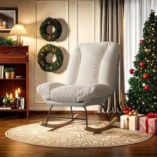 FEEOHOME - Silla mecedora, silla de lactancia para dormitorio y salón con patas de madera, Rocking Chair Lactancia para dormitorio y salón (Lin Beige)