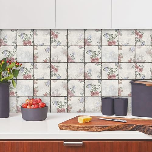 Piastrelle Adesive Cucina Fiore Retro Beige Piastrelle Adesive Bagno Impermeabile Pavimento pvc Adesivo Mobili Decorazione Armario Camino 30x30 cm/ 10 Pezzi