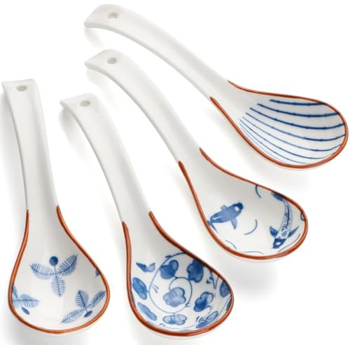 4 Stück Suppenlöffel,Japanischer Löffel Asiatische Keramik Chinesische Japanischer Suppenlöffel Stil Ramen Löffel für Suppe Dumplings Pho Wonton Miso Ramen