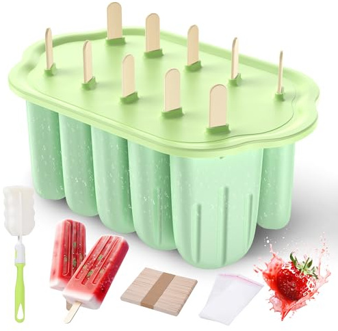 Moldes de silicona para helados, 10 cavidades, moldes de helado, fácil de quitar, no contienen BPA, ideas de bricolaje, moldes de helado, moldes de hielo de silicona con tapa impermeable y cepillo de