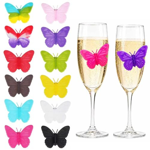 Yegookay Schmetterling Glasmarkierer Silikon, 12 Stück Glas Markierung Trinkgläser, Gläser Markieren Wiederverwendbar, Wein Trinken Glasmarker Bunte für Gläser für Party, Weingläser