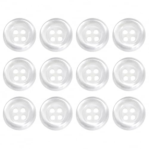 Talinco 12 Pack 18L 11.5mm White Round 4-Hole Sew-On Resin Buttons | Durable smooth resin buttons, flat 4-hole design, for shirts, blouses, repairs, replacements and DIY craft projects.