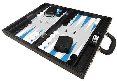 Silverman & Co. 40 x 53 cm Backgammon Reise Koffer für Erwachsene – schwarzes Kunstleder – Blaue und weiße Spielpunkte – faltbares Backgammon-Set – leicht & tragbar – Komplettset