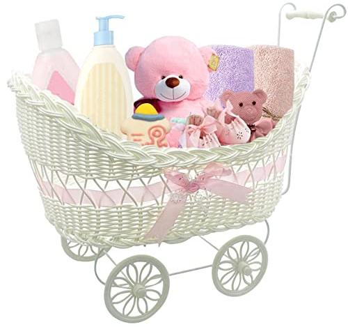 SAFRI Baby Pram Hamper Wicker Toy Basket with Handles Wheels Great Gift for Boy Girl & Baby Showers Newborn Baby Gifts (Pink)