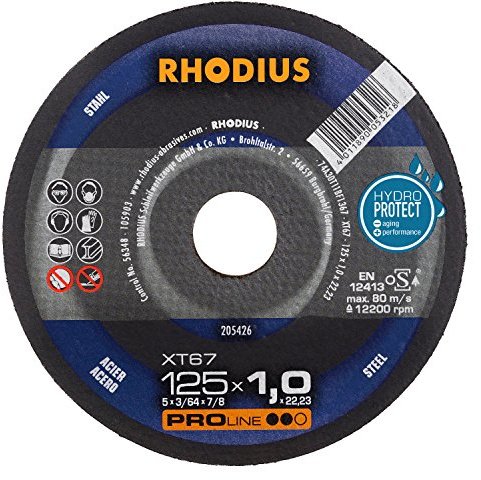 RHODIUS XT67 125 x 1, 0 x 22, 23 mm Trennscheiben für Winkelschleifer Flexscheibe Metall Stahltrennscheibe, 200 W, 240 V, 10 Stück
