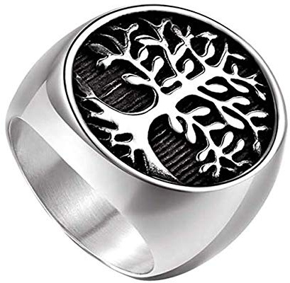 HIJONES Religieux Ancien Classique Arbre de la Vie Sceau Bague pour Hommes en Acier Inoxydable avec Ronde Argent Taille 70