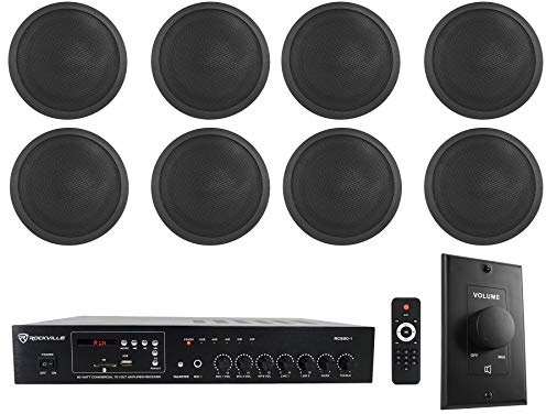 Rockville RCS80-1 Bundle: 60-Watt 70V Commercial/Restaurant Amplifier, (8) CCL6T Black 6 Commercial Ceiling Speakers, VOL70100 100-Watt Black Wall Volume Control Zone Box, 10-Items
