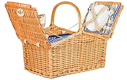 Zolta Picknickkorb 4 Personen - Korb mit Deckel - Weidenkorb mit Picknick Geschirr und Thermischer Einsatz - Thermotasche Korb - Weiß und Blau, Linienmotiv