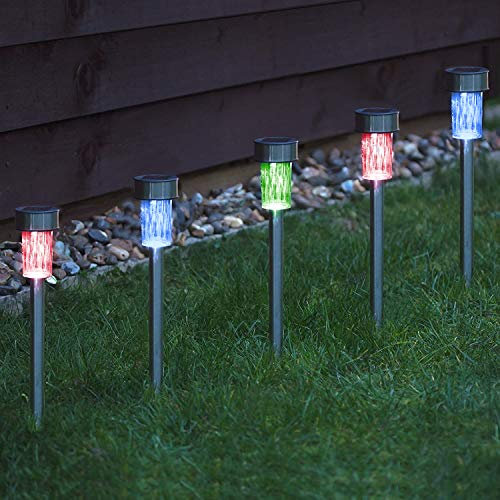 CUQOO Solar Garden Stake Lights – 10 Pack Colour-Changing LED, Weatherproof Stainless Steel Solar Lights for Outdoor Pathway Lighting – Rechargeable with Automatic Night Activation [Energy Class A+]