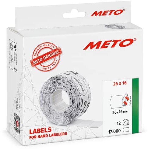 Meto Etiketten für Handauszeichner (26 x 16 mm, 2-zeilig, 12.000 Stück, weiß, permanent haftend, für METO, Contact, Sato, Avery, Tovel, Samark etc.)