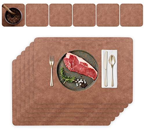 JDkilp Abwischbar Leder Untersetzer und Platzset 6er Set Tischsets abwaschbar doppelt verdickt 45 x 30 cm für Zuhause Küche Restaurant und Hotel (Rindleder Muster + Dunkler Kaffee)