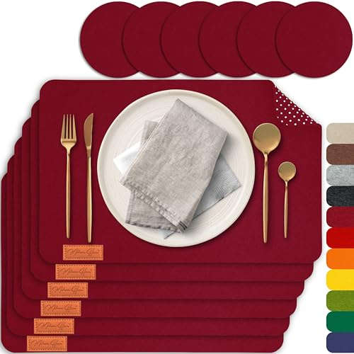 MAHEWA® 6er Set Premium Tischset Platzset aus Filz rutschfest Ab-waschbar und Waschmaschinenfest Eckige Platzdeckchen (Bordeaux, 6er Set)