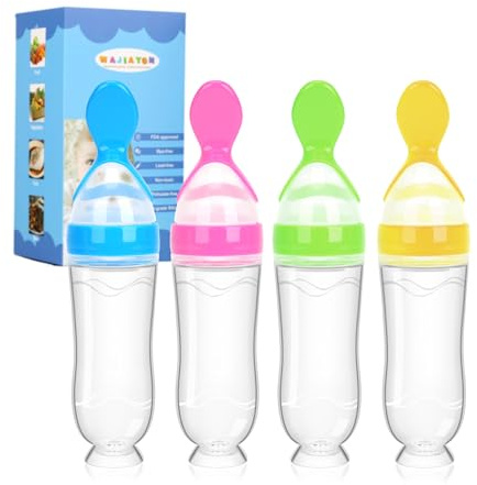 Baby Food Feeder 4 Pack Silicone Baby Food Dispensing Spoon-WAJIAYON, 3 oz Squeeze Feeding Spoons with Suction Cup for Boys Girl Kids Toddlers - Self Feeding Bottle Spoon