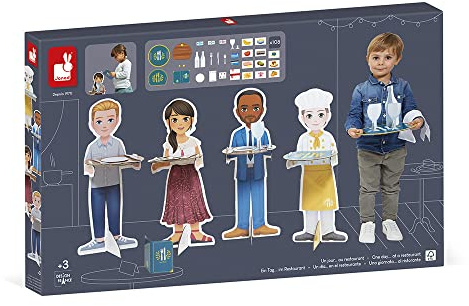 Janod - Un Jour… Al Ristorante - Giocattolo di Imitazione Professione - 108 Accessori Inclusi - Grandi Personaggi da 65 cm - Sviluppa l'Immaginazione - Certificato FSC - Dai 3 Anni, J06620