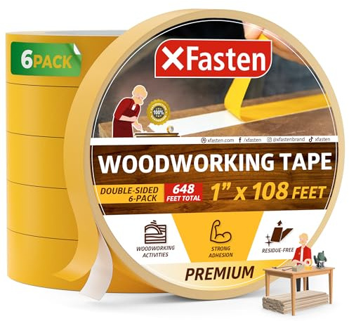 XFasten Double Sided Woodworking Tape, 1 Inch x 108 ft (6-Pack, 648 ft Total), Residue-Free, Heavy Duty, Wood-Safe Double Sided Tape for Router Templates, CNC Machines, and Woodworking Tools