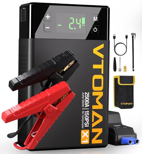 VTOMAN X1 Jump Starter Power pack with Air Compressor 2500A, Portable Car Battery Booster Jump Starter (Up to 8.5L Gas/6.0L Diesel Engines) Jump Pack with 150PSI Digital Tire Inflator