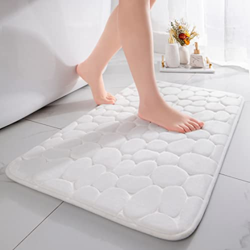 chakme Badematte rutschfest, 50x80 cm Weiß Badezimmerteppich | Memoryschaum Badteppich, Waschbar Badvorleger, Wasserabsorbierend Kieselsteine Duschvorleger