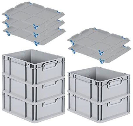 PROREGAL SuperSparSet 5x Eurobox NextGen Economy mit Auflagedeckel und 4x Schiebeschnappverschlüsse Blau, Griffe geschlossen, HxBxT 17x30x40cm, 16L, Eurobehälter, Transportbox, Transportbehälter