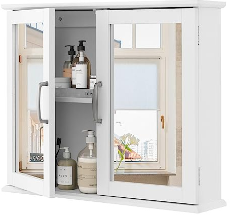 Multigot Bathroom Mirror Cabinet (White) | Wall-Mounted Storage Cabinet with Adjustable Shelves, Double Door Toilet Cupboard for Living Room Bedroom Kitchen