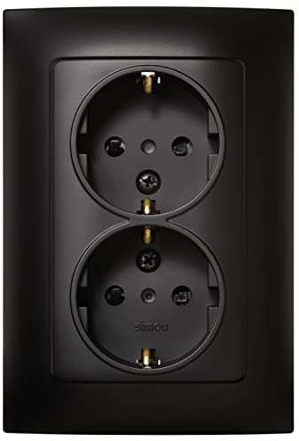 SIMON - Enchufe Doble de Empotrar Schuko, Serie Simon 10, 250V, 16 A, Enchufe de Pared Plano y Fino, Fácil de Instalar, Incluye Marco, Tapa y Mecanismo, Base de Enchufe Hembra Color Negro