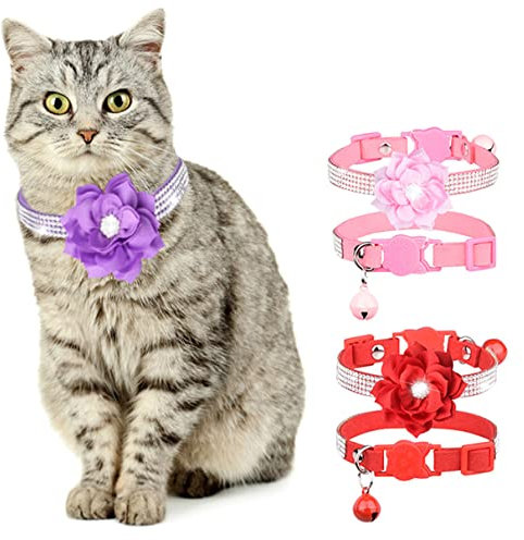Katzenhalsband, glitzerndes Diamant, für Mädchen, Katzen, mit Glöckchen, Strasssteinen, Haustierhalsbänder mit weichem Samt, verstellbar, für Katzen, Welpen, Rot, Größe XS