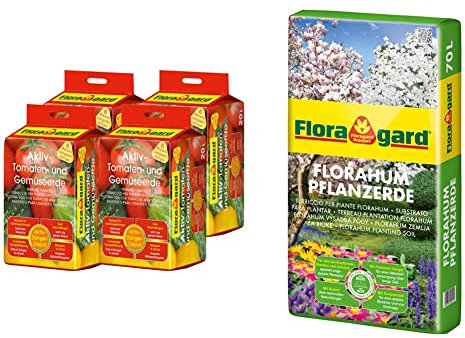 Floragard 4 x Aktiv-Tomaten-und Gemüseerde 20 Liter Blumenerde erdfarben & Florahum Pflanzerde 70 L • Universalerde • für Blumenbeete Stauden