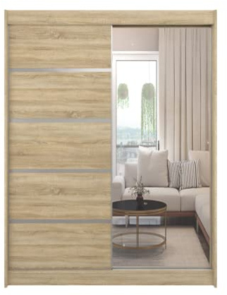 ML Furniture Schiebeschrank 150 cm mit Spiegel, Kleiderschrank Schlafzimmer, Mehrzweckschrank Wohnzimmer- 150 x 200 x 58 cm; Farbe: Sonoma, Schwebetürenschrank