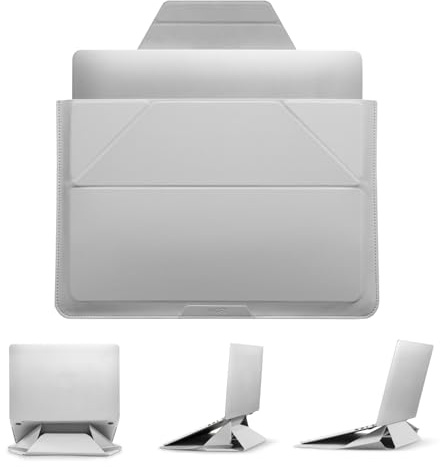 MOFT Laptoptasche Hülle & Laptop Ständer für 13-14 Zoll Laptop, Vegan Leder Laptoptasche mit Erweiterbarem Stauraum, 2 Verstellbare Winkel, Kompatibel mit MacBook Air/Pro 13-14 Zoll, Nebliges Grau