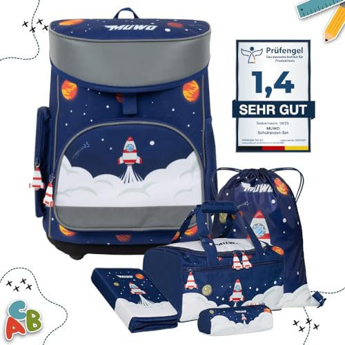 MUWO Kinder Schulranzen Set 5tlg. ergonomischer leichter Schulrucksack mit Sporttasche, Turnbeutel, Federmappe, nur 920 gramm (Weltraum Design)
