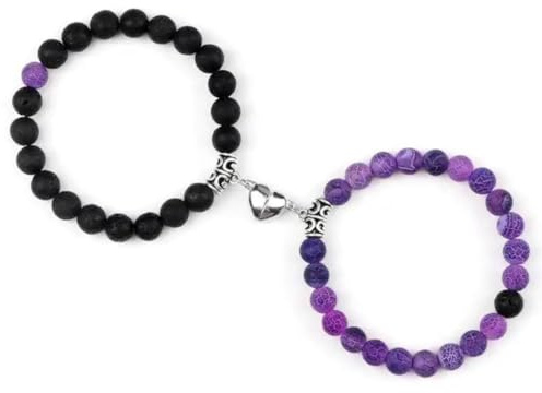 Jexiva Set Of 2 Matching Couple Bracelets Magnetic Heart - Stone Beads, Stretch, Unisex Anniversary, Express Love, Valentine, Long Distance, Christmas Gift (Lava+Purple Weathered, Without Giftbox)