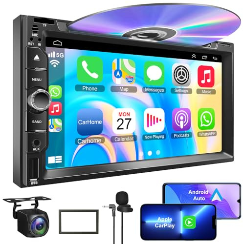 Double Din car Stereo with CD/DVD Player- CarPlay & Android Auto, Car Audio with Bluetooth, 7 Inch HD Touchscreen, Rear Camera, USB/TF/AUX, Subwoofer, AM/FM Radio Receiver