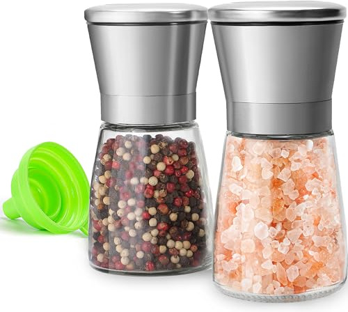 Set di 2 macina sale e pepe in acciaio inox, macinapepe e macinasale con grana regolabile, in vetro, facile da pulire, con imbuto