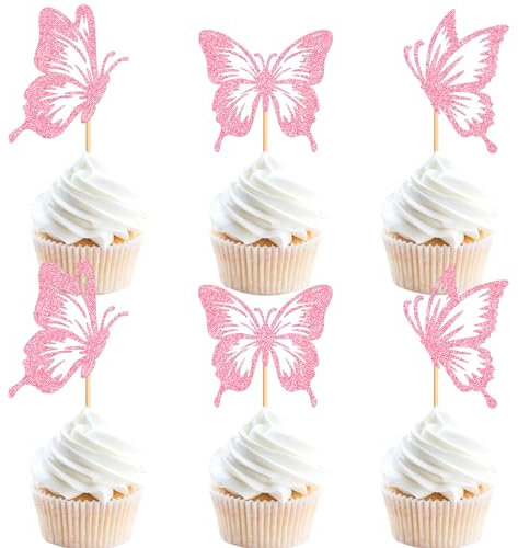 Blumomon 24Pcs Butterfly Cupcake Toppers Butterfly Cake Topper Pink Butterfly Cupcake Decoration Picks Wedding Baby Shower Party Wedding Anniversary Birthday Party Cupcake Decoration