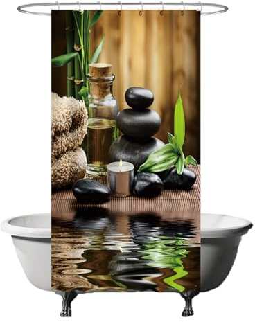 Ulticool Duschvorhang - Zen Spa Meditation Rust Natur - 120 x 200 cm - waschbar - Anti Schimmel - mit 8 Ringen - Grün Beige Schwarz