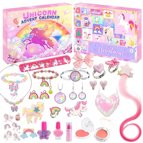 Adventskalender kosmetik Teenager Mädchen 2025 Weihnachtskalender 24 Mode Schmuck schminke kosmetikkalender Beautykalender wie Einhornschmuck ohrringe haarschmuck ab 3-12 Jahre Mädchen